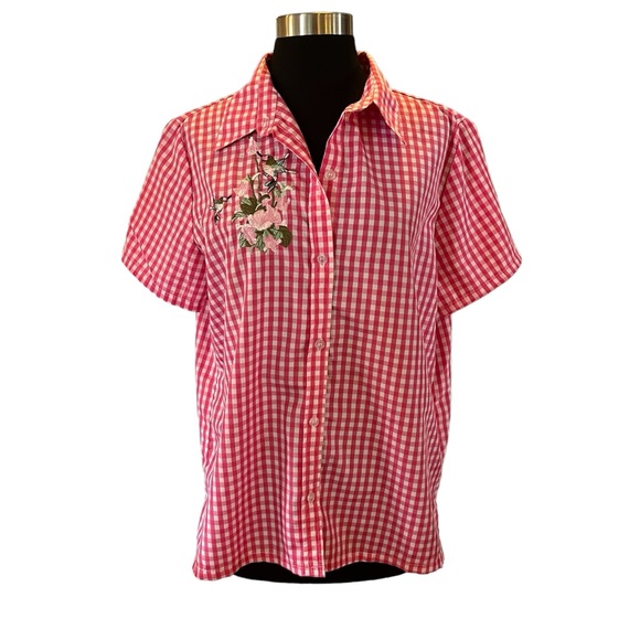 Vintage pink gingham hummingbird embroidered short sleeve button up shirt S M - Picture 7 of 12